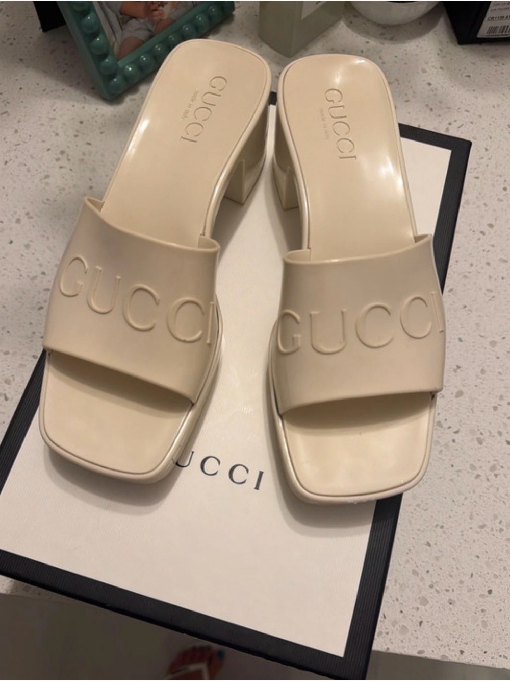 Gucci Cream Embossed Logo Block Heel Slides
